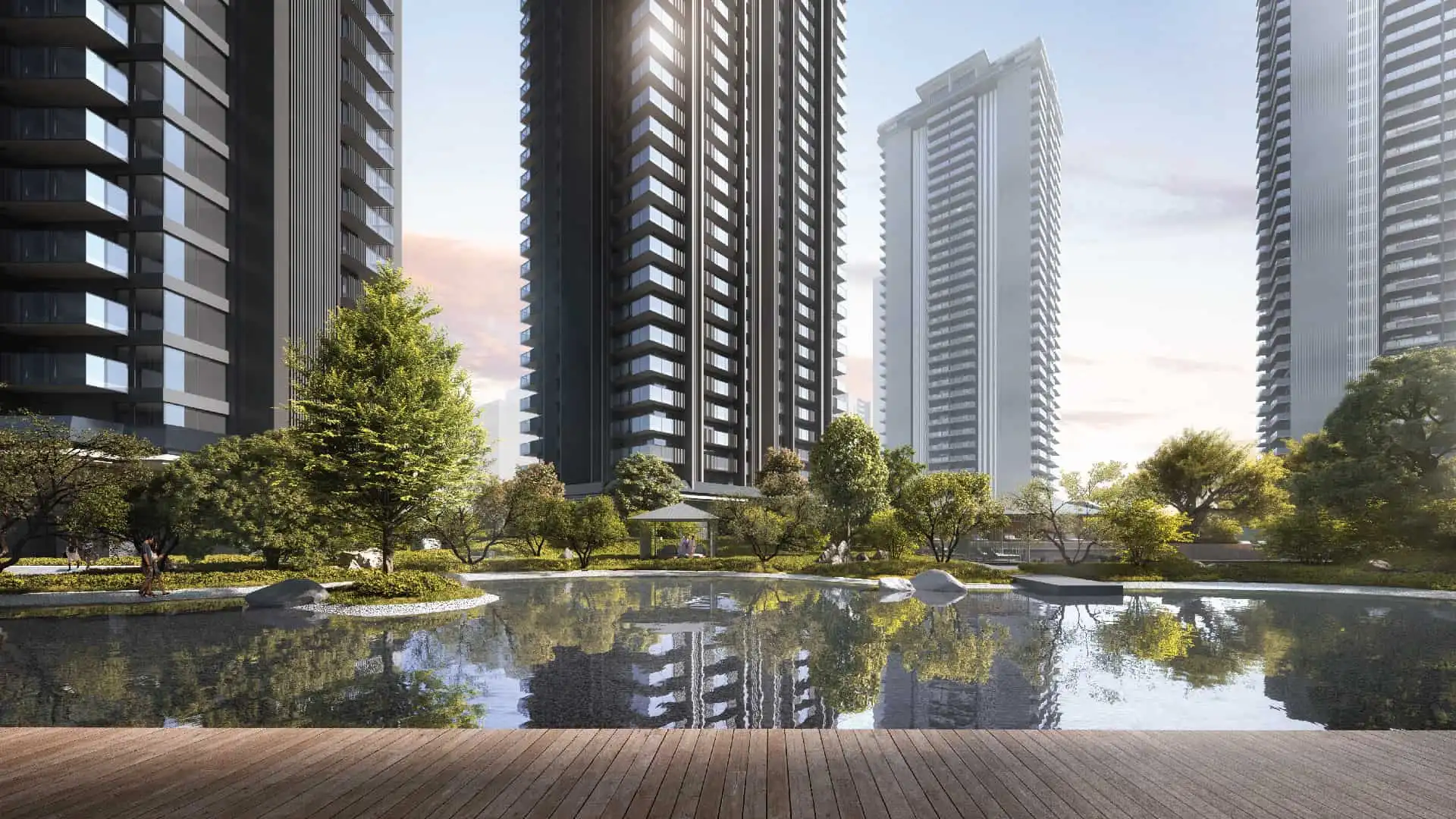 Waterside courtyard and residential towers at Krisumi City