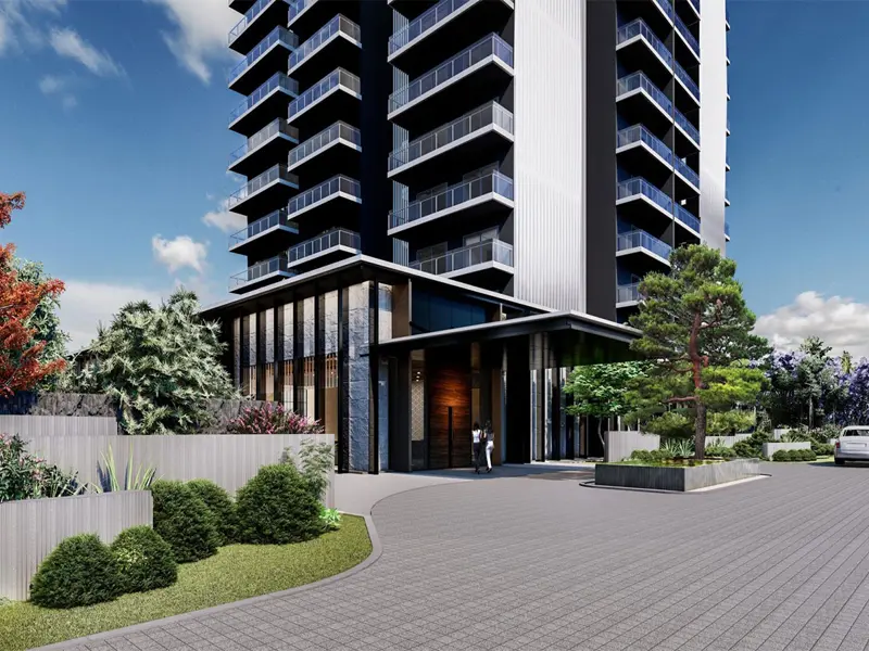 Waterfall Suites tower entrance, Krisumi City